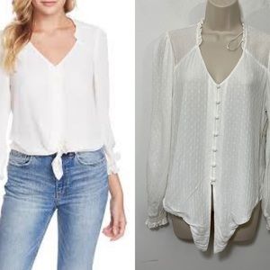 NWT 1. STATE Womens V Neck Blouse Size S Crinkle  Dobby Tie Front Poof Sleeves